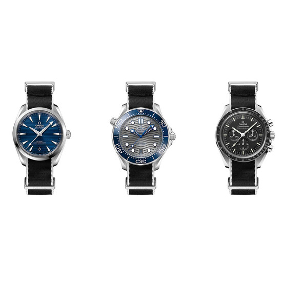 Przykładowa stylizacja z paskiem Omega NATO i zegarkami Omega