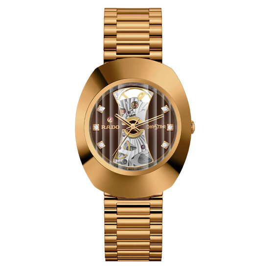 Pozłacany zegarek damski Rado Skeleton na bransolecie