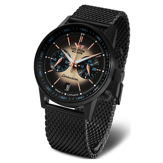 Retro zegarek męski na czarnej bransolecie mesh Vostok Europe Limousine