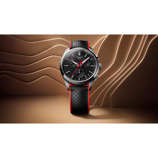 Tissot na czarnym skórzanym pasku w stylu rowerowym