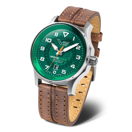 Zegarek Vostok Europe z zieloną tarczą i brązowym paskiem