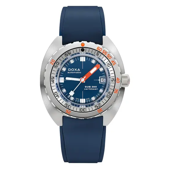 Męski zegarek nurkowy Doxa SUB 300 Caribbean z niebieskim paskiem gumowym