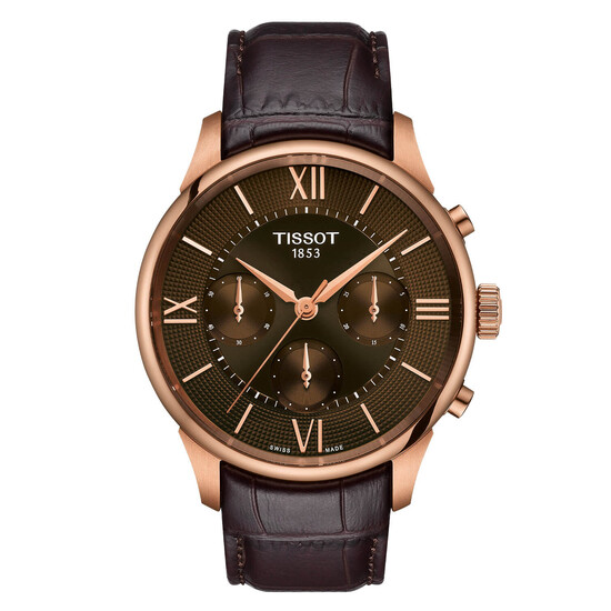 Pozłacany, męski zegarek automatyczny Tissot na brązowym pasku skórzanym