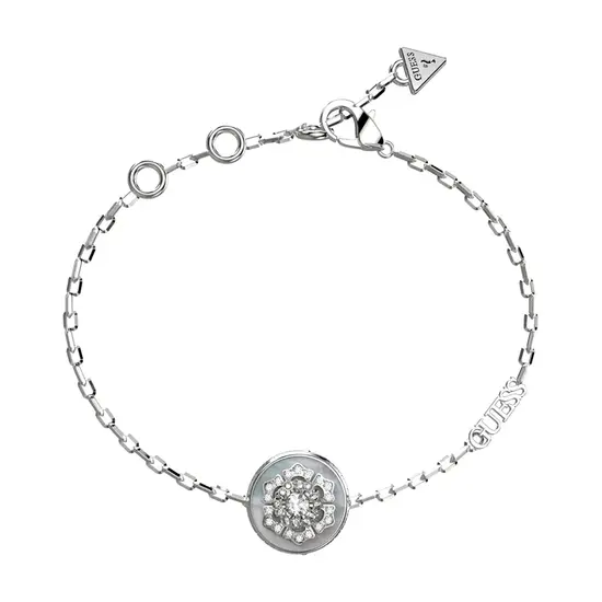 Bransoletka srebrna z cyrkoniami i masą perłową kwiatek Guess