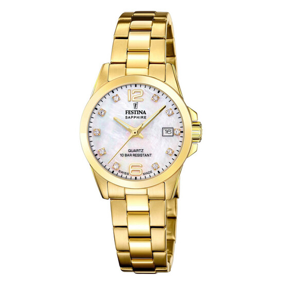 Damski zegarek pozłacany Festina Swiss Made z cyrkoniami na perłowej tarczy
