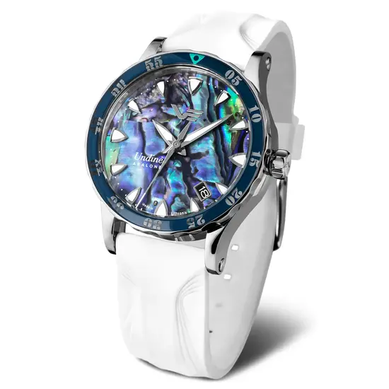 Zegarek damski z niebieską traczą i białym paskiem Vostok