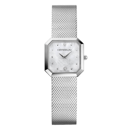 Kwadratowy elegancki zegarek z jasną perłową tarcza i cyrkoniami. Branstoleta stalowa MESH.