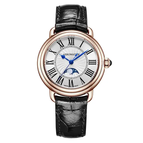 Zegarek damski ze złoconą kopertą i czarnym paskiem skórzanym Aerowatch 1942 Elegance Moon Phase A 43960 RO03