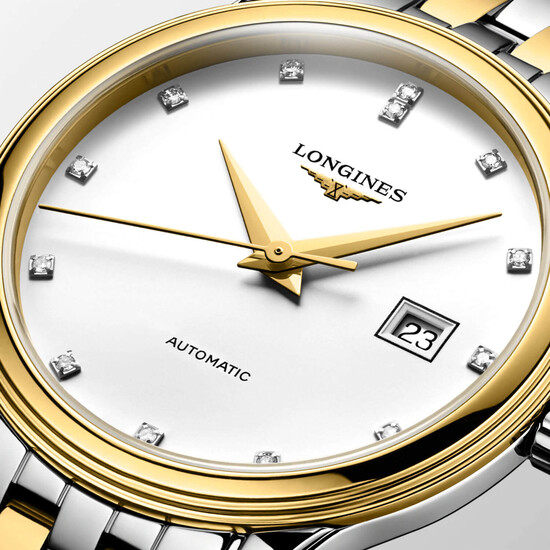 Biała tarcza z diamentami zegarka Longines Flagship