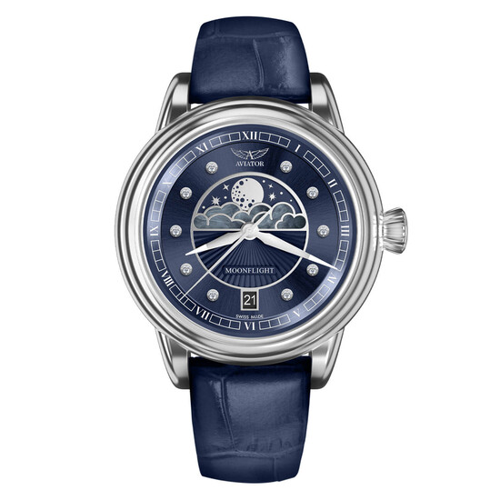 Damski zegarek Aviator Moonflight Diamond Edition na skórzanym pasku