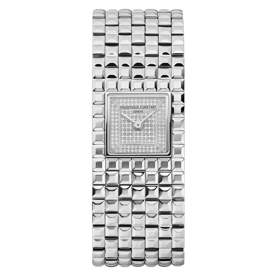 Prostokątny zegarek damski z diamentami Frederique Constant na bransolecie