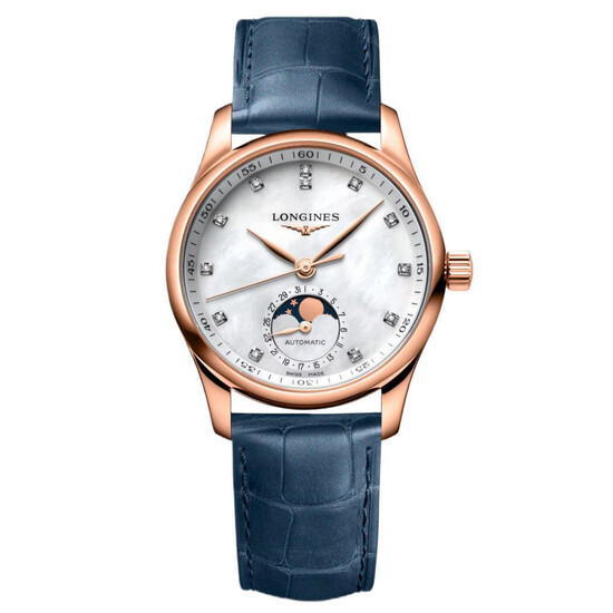Damski zegarek z różowego złota Longines Moonphase wysadzony diamentami