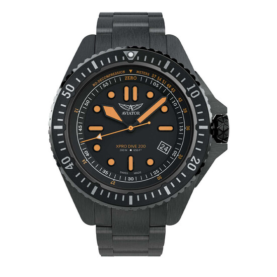 Męski zegarek nurkowy Aviator XPRO DIVE 200 na bransolecie w kolorze czarnym