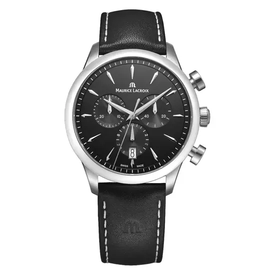 Sportowy zegarek męski z czarną tarczą i paskiem skórzanym Maurice Lacroix 1975 Quartz Chrono