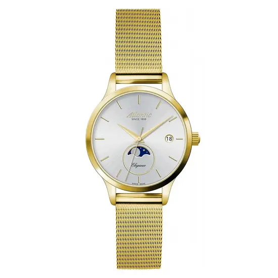 Pozłacany zegarek damski Atlantic z fazami księżyca