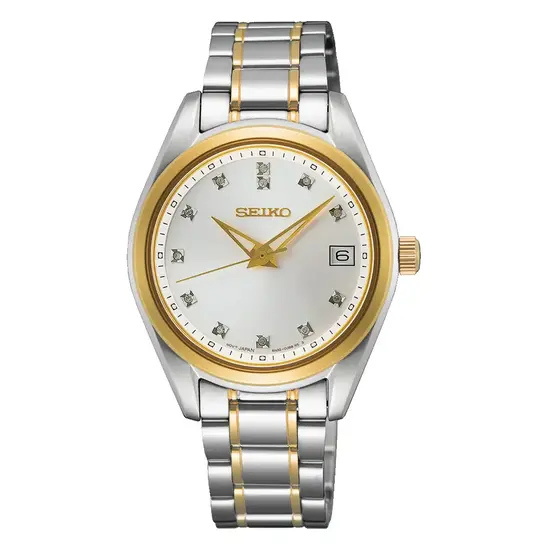 Seiko Classic SUR582P1 srebrno złoty zegarek z diamentami