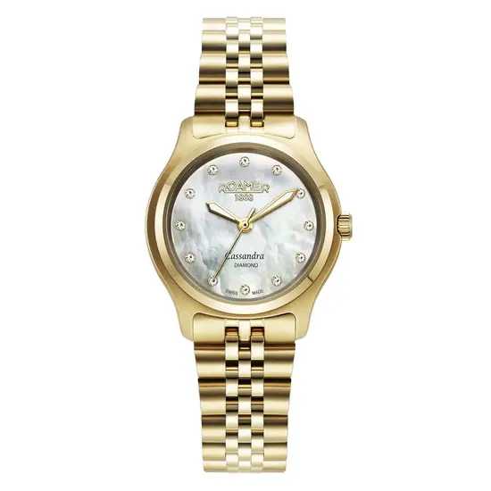 Elegancki zegarek damski Roamer z diamentami na perłowej tarczy