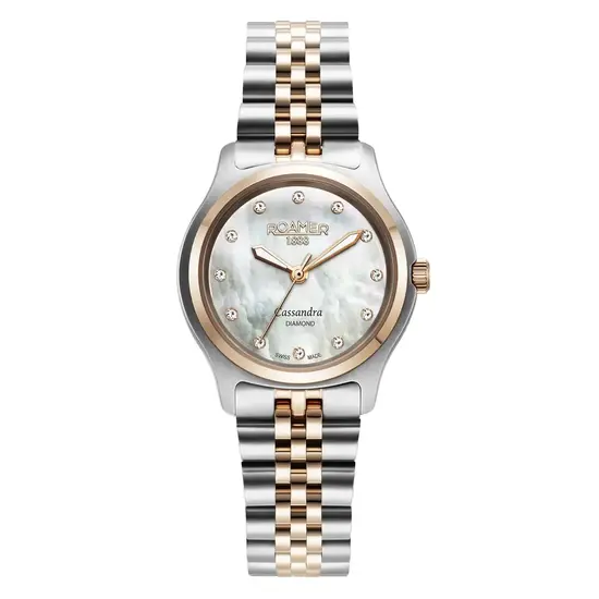 Elegancki zegarek damski Roamer z diamentami na perłowej tarczy