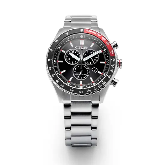 Czarno czerwona ramka z tachymetrem w zegarku Citizen Sporty Chrono AT2566-88E