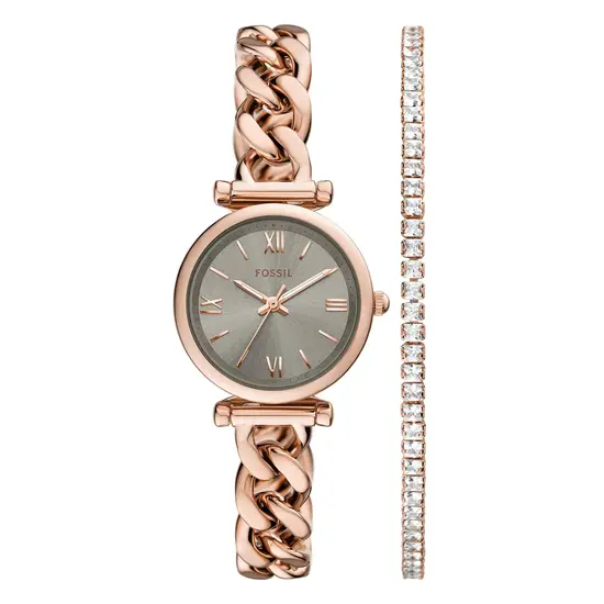 Pozłacany zegarek damski Fossil w biżuteryjnym zestawieniu z bransoletką