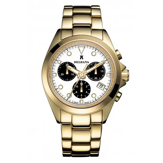 Pozłacany zegarek męski Delbana z chronografem i bransoletą