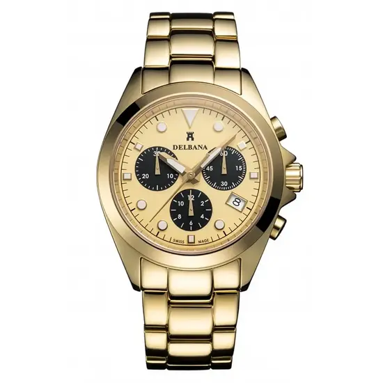 Pozłacany zegarek męski Delbana z chronografem i bransoletą