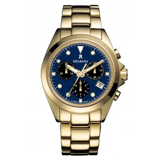 Pozłacany zegarek męski Delbana z chronografem i bransoletą