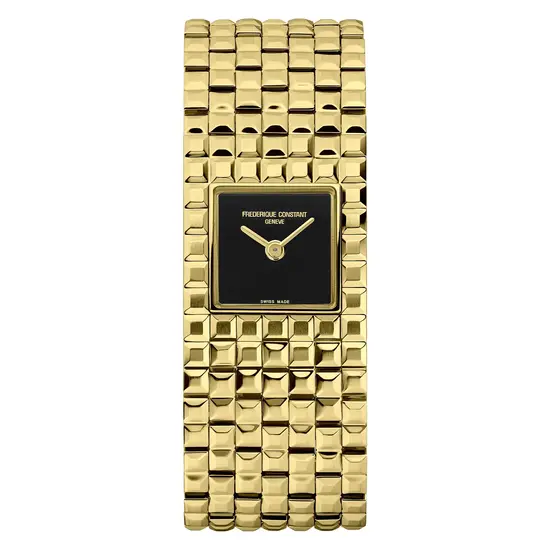 Prostokątny, pozłacany zegarek damski Frederique Constant na bransolecie