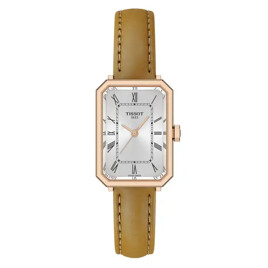 Pozłacany zegarek damski Tissot SRV z prostokątną kopertą i jasnobrązowym paskiem