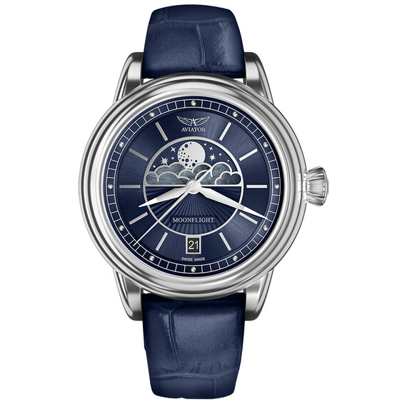 Damski zegarek na skórzanym pasku Aviator Moonflight