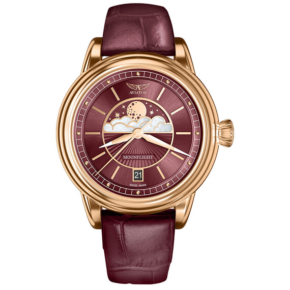 Damski zegarek na skórzanym pasku Aviator Moonflight