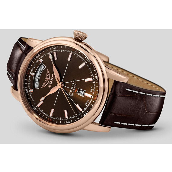 Złoty zegarek z datownikiem i dniem tygodnia Aviator Day-Date