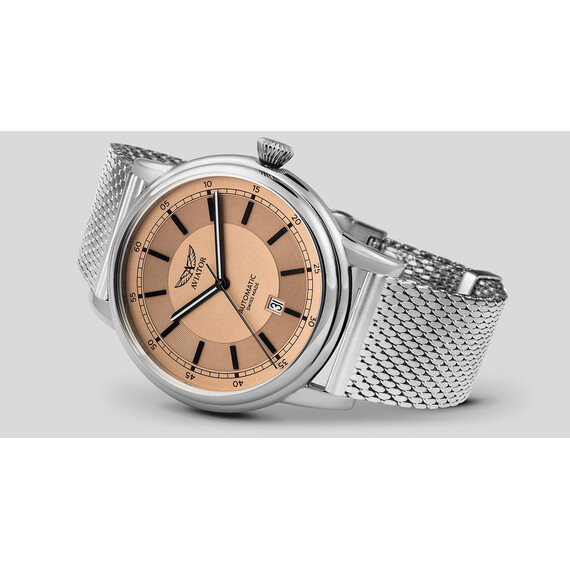 Srebrny zegarek męski ze złotą tarczą Aviator Swiss Made