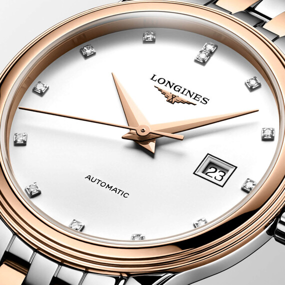 Biała tarcza z diamentami zegarka Longines Flagship