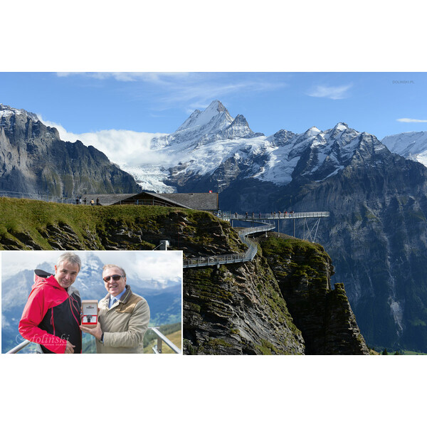 Pan Urs Kessler, Dyrektor Kolei Jungfrau i Pan François Thiébaud, Prezydent Tissot, podczas uroczystego otwarcia First Cliff Walk by Tissot