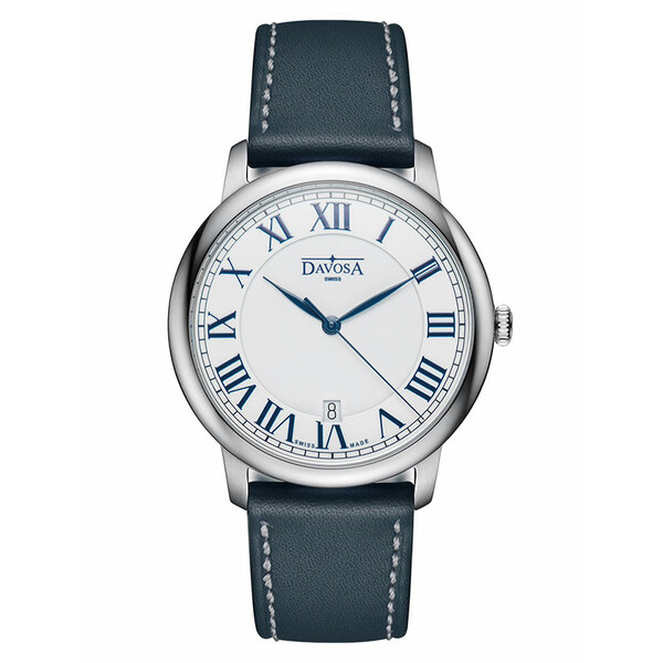 Davosa Amaranto okrągły zegarek męski z cyframi rzymskimi na jasnym cyferblacie.