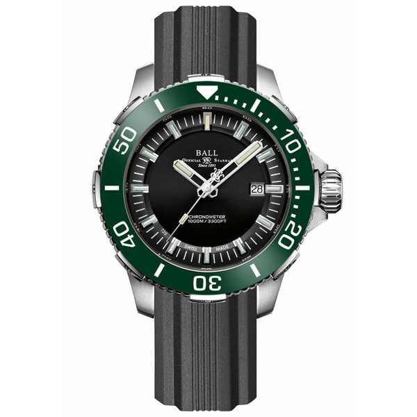 Zegarek nurkowy Ball DeepQUEST Ceramic w kolorze czarnym z zielonym pierścieniem na pasku gumowym