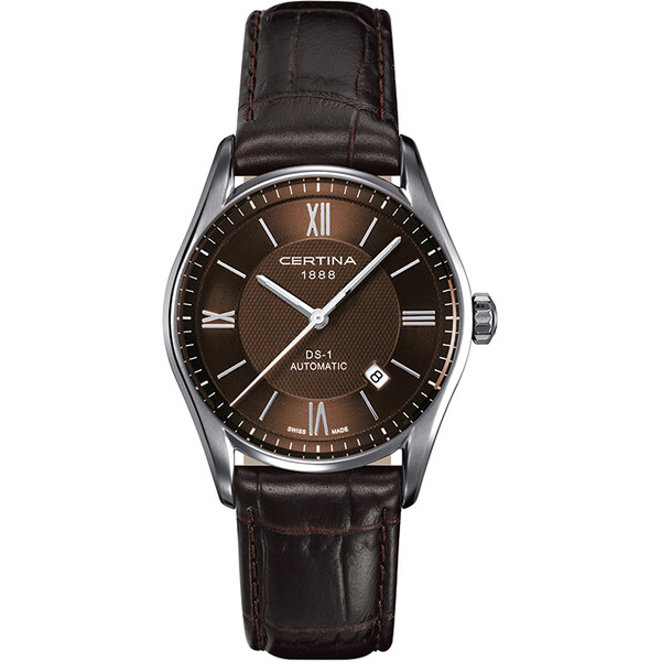 Automatyczny zegarek męski Certina DS 1 C006.407.16.298.00. Brązowa tarcza oraz pasek skórzany.