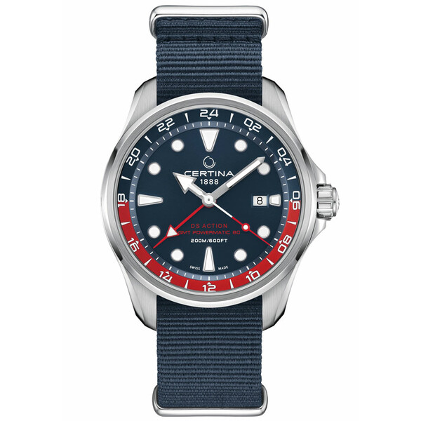 Niebieski zegarek z paskiem NATO Certina DS Action GMT Powermatic 80 C032.429.18.041.00