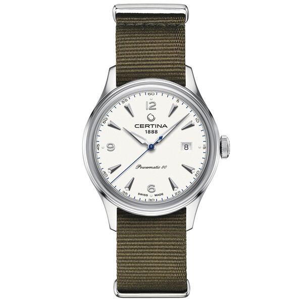 Zegarek automatyczny w stylu retro z białą tarczą i niebieskim sekundnikiem