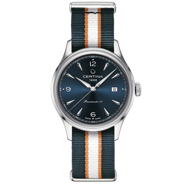 Zegarek w stylu retro z niebieską tarczą i kolorowym paskiem NATO