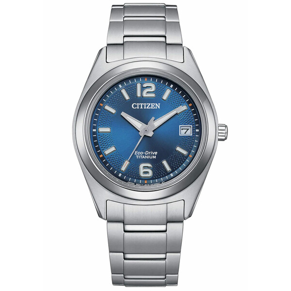 Tytanowy zegarek damski Citizen Super Titanium FE6151-82L z niebieską tarczą.