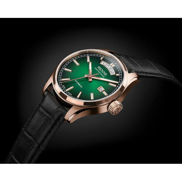 Zielona tarcza i czarny pasek w zegarku Epos Passion Day Date 3501.142.24.93.25