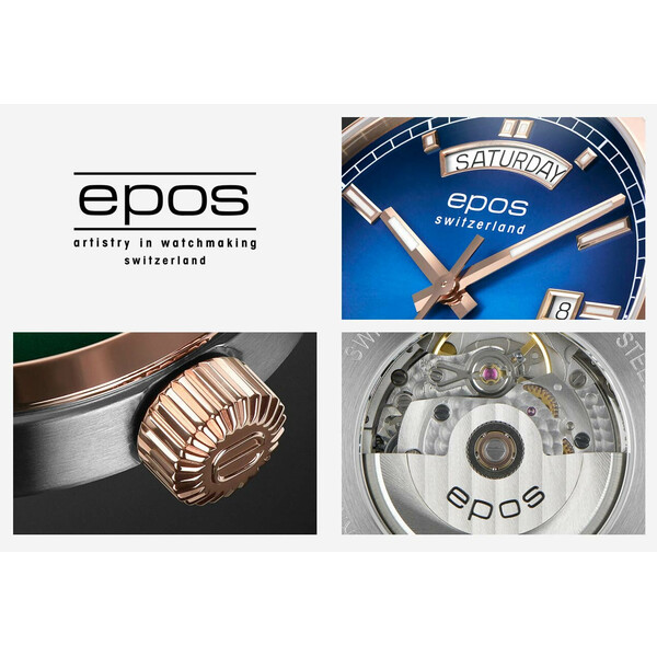 Szczegóły zegarka Epos Passion Day Date 3501 z niebieską tarczą i dwukolorową bransoletą