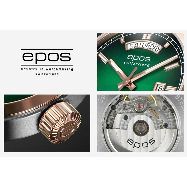 Szczegóły zegarka Epos Passion Day Date 3501 w wersji dwukolorowej z zieloną tarczą