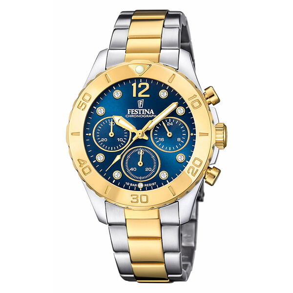 Festina Boyfriend Chronograph srebrno-złoty zegarek damski z niebieską tarczą