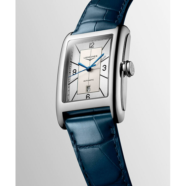Prostokątny zegarek Longines na niebieskim pasku