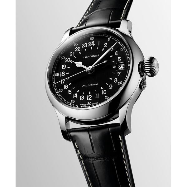 Czarna tarcza zegarka automatycznego Longines
