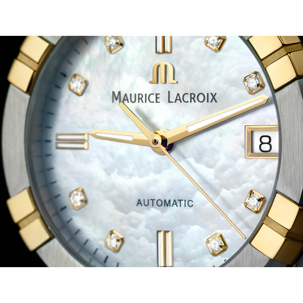 Piękna tarcza z masy perłowej i daimentami Maurice Lacroix AI6006-PVY13-170-1 Aikon Automatic Ladies