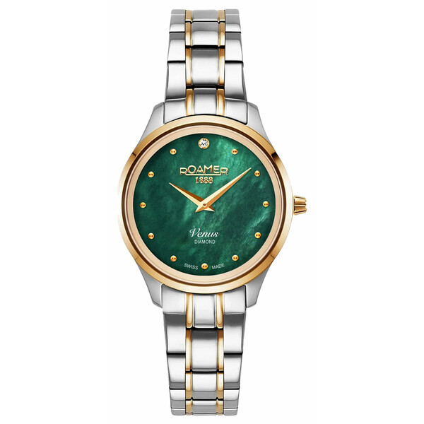 Pozłacany zegarek z zieloną masą perłową i diamentem Roamer Venus